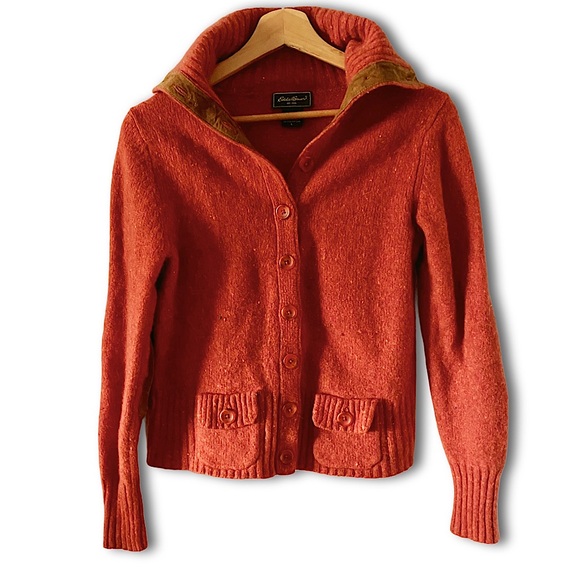 Eddie Bauer VTG Y2K Lamb's Wool/Cashmere Orange Knit Cardigan - Picture 1 of 4